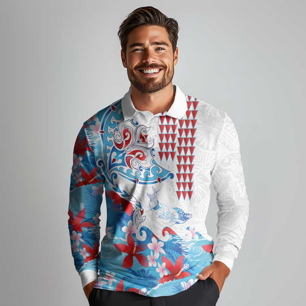 Hawaiian Tribal Manta Ray Long Sleeve Polo Shirt Kakau Tattoo and Flowers Surfing Waves Pattern Ocean Color LT03 - Polynesian Pride
