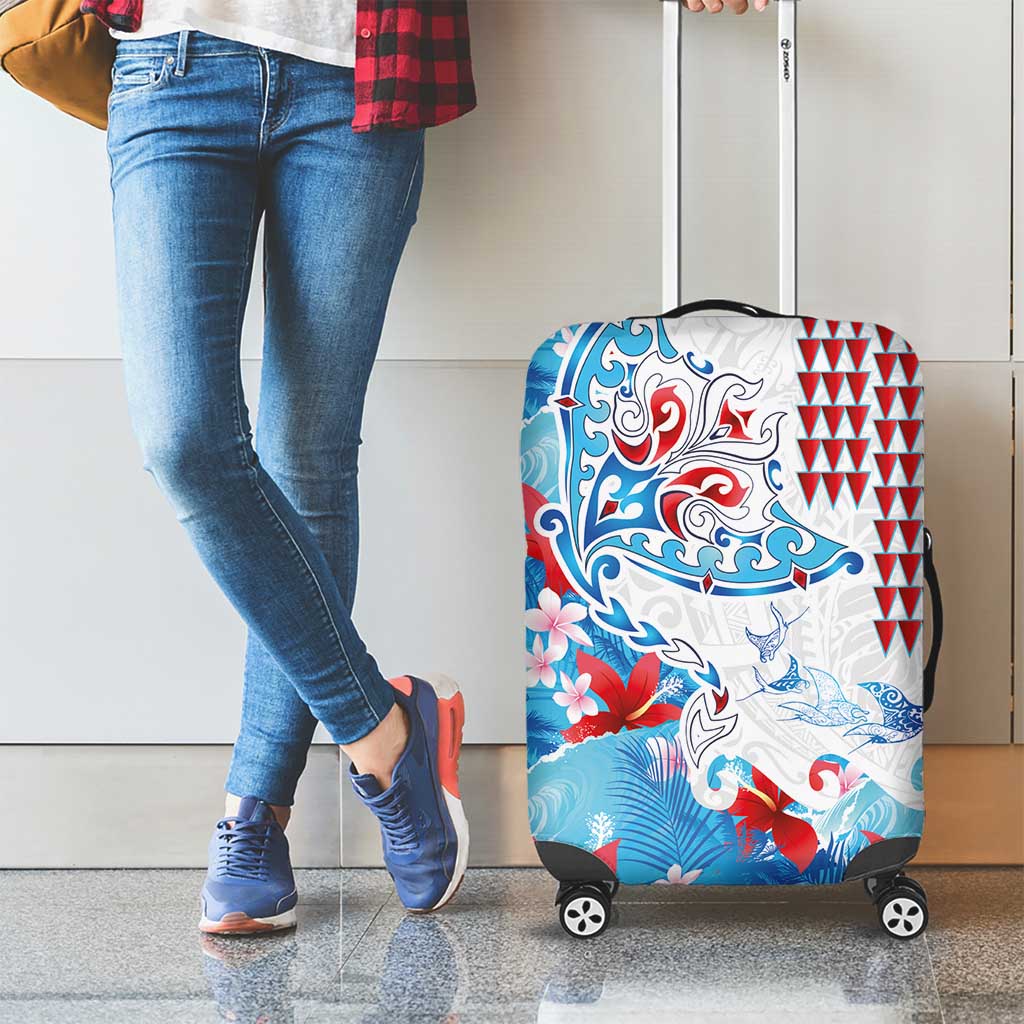 Hawaiian Tribal Manta Ray Luggage Cover Kakau Tattoo and Flowers Surfing Waves Pattern Ocean Color LT03 - Polynesian Pride