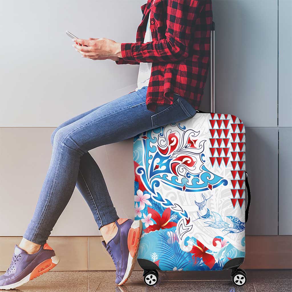 Hawaiian Tribal Manta Ray Luggage Cover Kakau Tattoo and Flowers Surfing Waves Pattern Ocean Color LT03 - Polynesian Pride