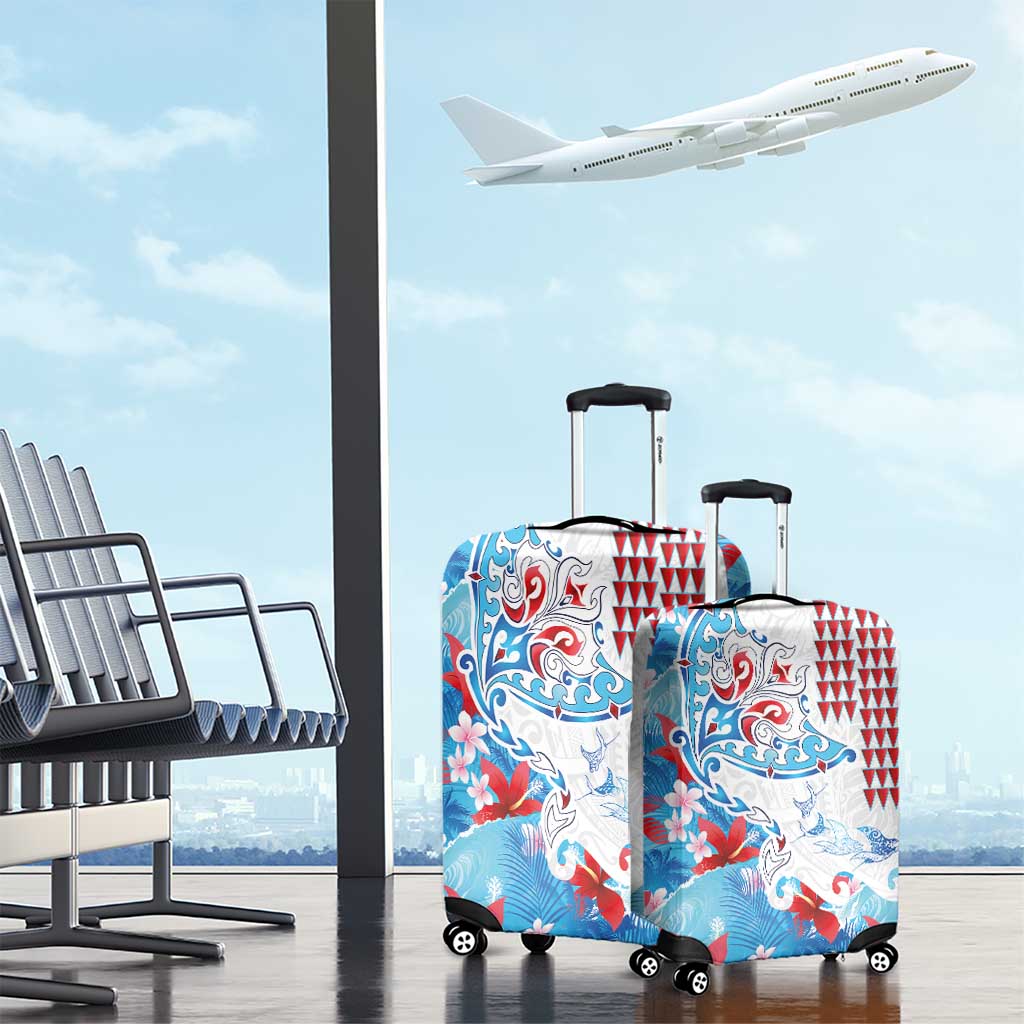 Hawaiian Tribal Manta Ray Luggage Cover Kakau Tattoo and Flowers Surfing Waves Pattern Ocean Color LT03 - Polynesian Pride