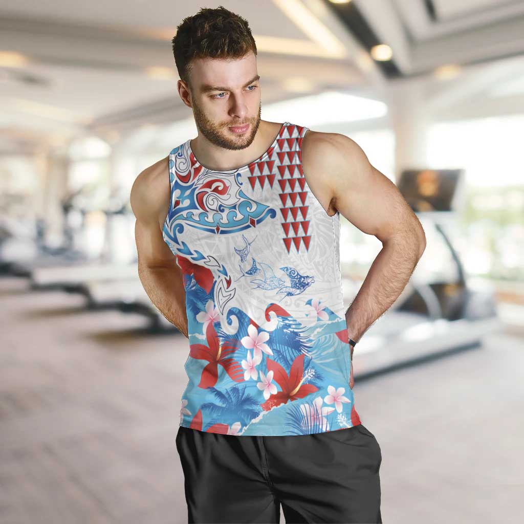 Hawaiian Tribal Manta Ray Men Tank Top Kakau Tattoo and Flowers Surfing Waves Pattern Ocean Color LT03 Multicolor - Polynesian Pride