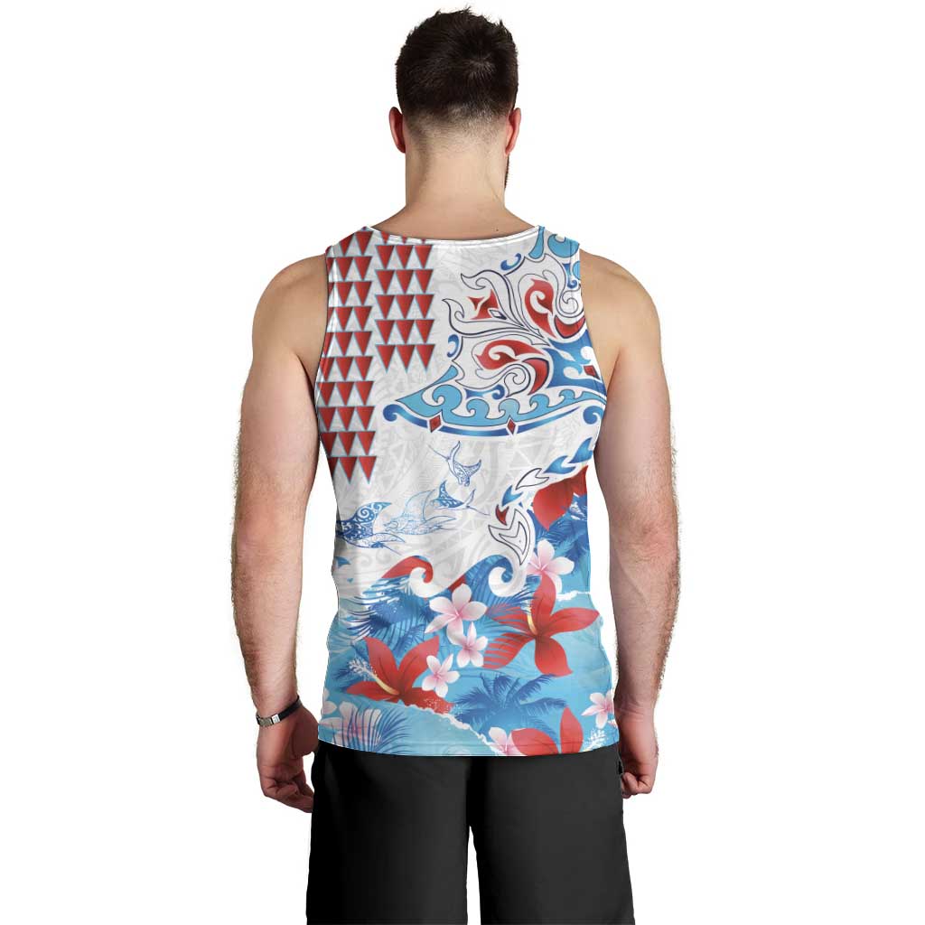 Hawaiian Tribal Manta Ray Men Tank Top Kakau Tattoo and Flowers Surfing Waves Pattern Ocean Color LT03 - Polynesian Pride
