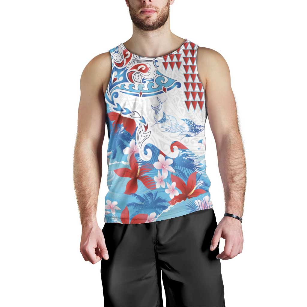 Hawaiian Tribal Manta Ray Men Tank Top Kakau Tattoo and Flowers Surfing Waves Pattern Ocean Color LT03 - Polynesian Pride