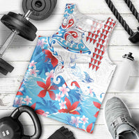 Hawaiian Tribal Manta Ray Men Tank Top Kakau Tattoo and Flowers Surfing Waves Pattern Ocean Color LT03 - Polynesian Pride