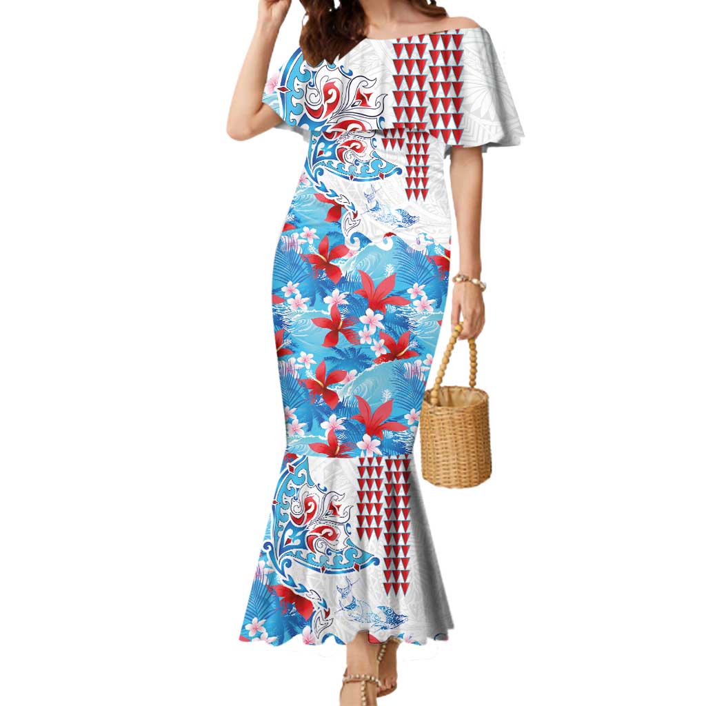 Hawaiian Tribal Manta Ray Mermaid Dress Kakau Tattoo and Flowers Surfing Waves Pattern Ocean Color LT03 Women Multicolor - Polynesian Pride