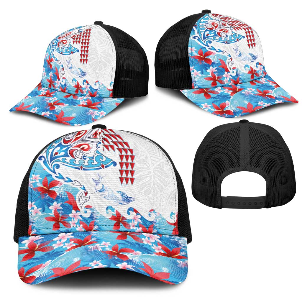 Hawaiian Tribal Manta Ray Mesh Trucker Cap Kakau Tattoo and Flowers Surfing Waves Pattern Ocean Color