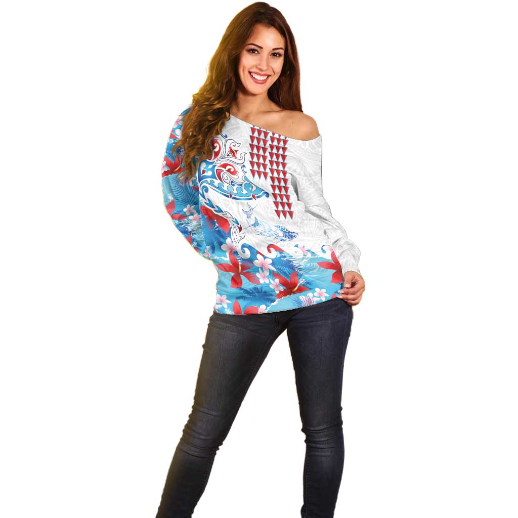 Hawaiian Tribal Manta Ray Off Shoulder Sweater Kakau Tattoo and Flowers Surfing Waves Pattern Ocean Color LT03 - Polynesian Pride