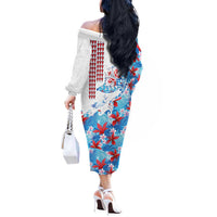 Hawaiian Tribal Manta Ray Off The Shoulder Long Sleeve Dress Kakau Tattoo and Flowers Surfing Waves Pattern Ocean Color LT03 - Polynesian Pride
