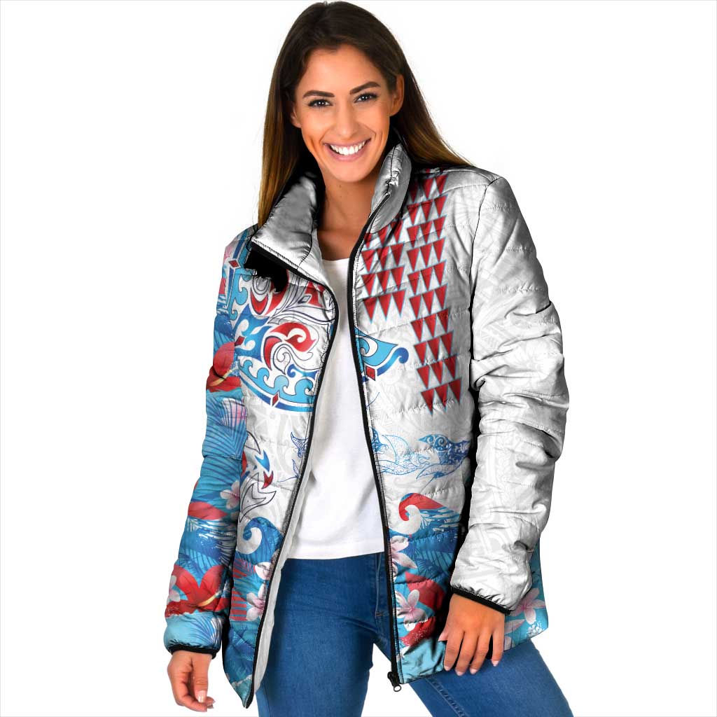 Hawaiian Tribal Manta Ray Padded Jacket Kakau Tattoo and Flowers Surfing Waves Pattern Ocean Color