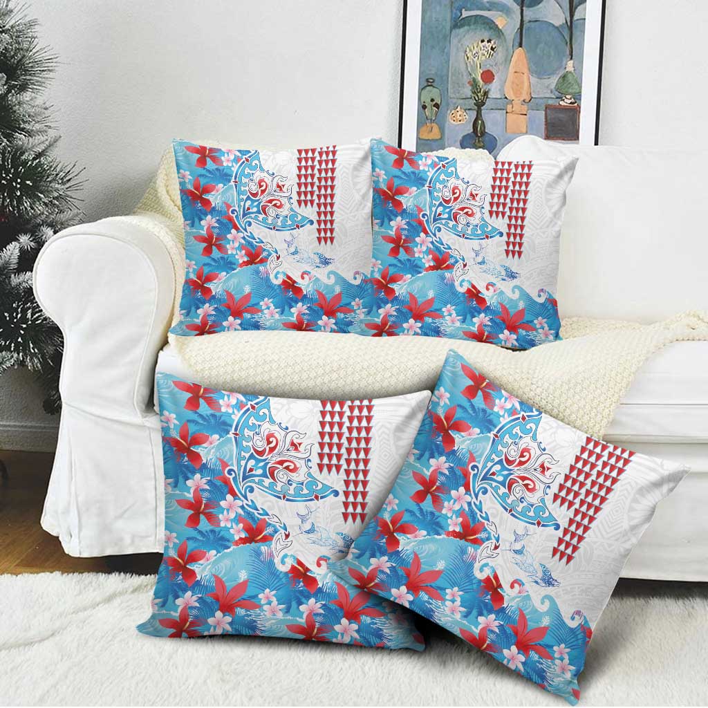 Hawaiian Tribal Manta Ray Pillow Cover Kakau Tattoo and Flowers Surfing Waves Pattern Ocean Color LT03 - Polynesian Pride