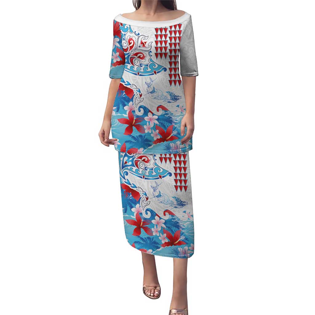 Hawaiian Tribal Manta Ray Puletasi Kakau Tattoo and Flowers Surfing Waves Pattern Ocean Color LT03 Long Dress Multicolor - Polynesian Pride