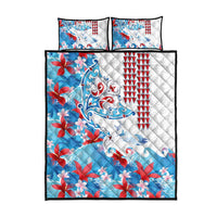 Hawaiian Tribal Manta Ray Quilt Bed Set Kakau Tattoo and Flowers Surfing Waves Pattern Ocean Color LT03 - Polynesian Pride