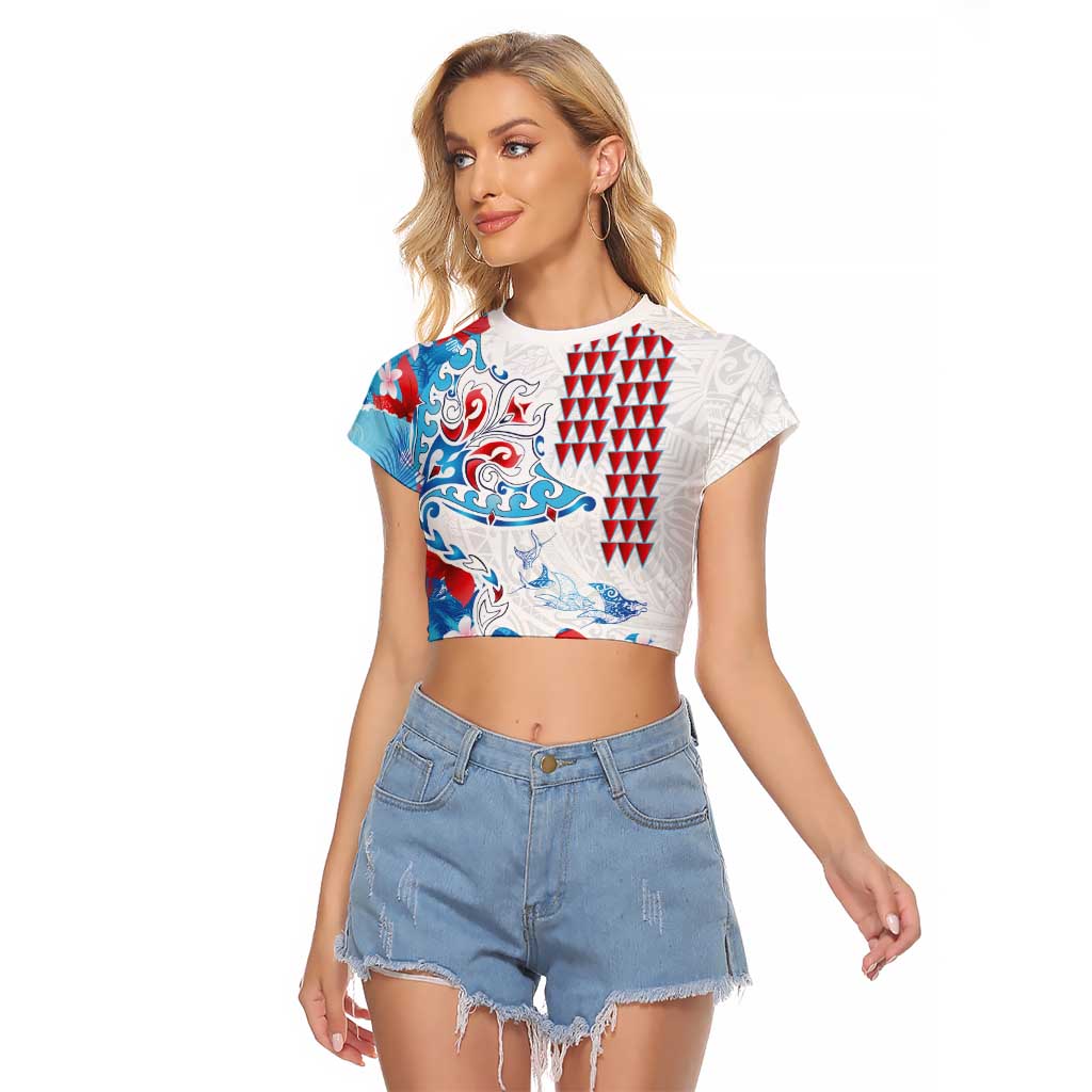 Hawaiian Tribal Manta Ray Raglan Cropped T Shirt Kakau Tattoo and Flowers Surfing Waves Pattern Ocean Color LT03 Female Multicolor - Polynesian Pride