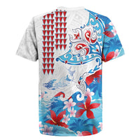Hawaiian Tribal Manta Ray Rugby Jersey Kakau Tattoo and Flowers Surfing Waves Pattern Ocean Color LT03 - Polynesian Pride