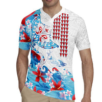 Hawaiian Tribal Manta Ray Rugby Jersey Kakau Tattoo and Flowers Surfing Waves Pattern Ocean Color LT03 - Polynesian Pride