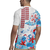 Hawaiian Tribal Manta Ray Rugby Jersey Kakau Tattoo and Flowers Surfing Waves Pattern Ocean Color LT03 - Polynesian Pride