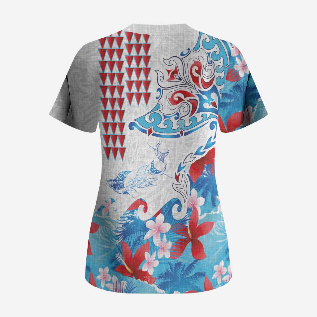Hawaiian Tribal Manta Ray Scrub Top Kakau Tattoo and Flowers Surfing Waves Pattern Ocean Color
