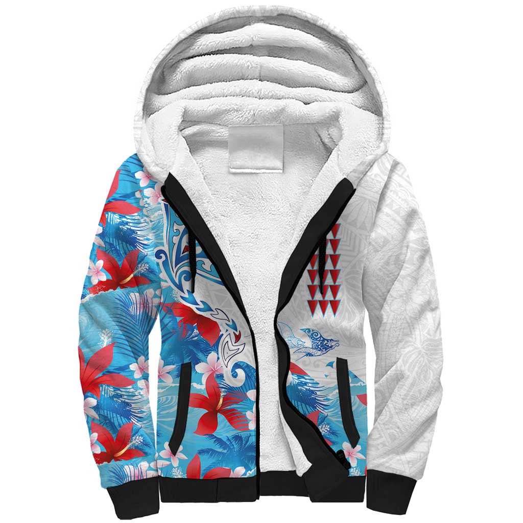 Hawaiian Tribal Manta Ray Sherpa Hoodie Kakau Tattoo and Flowers Surfing Waves Pattern Ocean Color LT03 Unisex Multicolor - Polynesian Pride