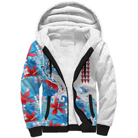 Hawaiian Tribal Manta Ray Sherpa Hoodie Kakau Tattoo and Flowers Surfing Waves Pattern Ocean Color LT03 Unisex Multicolor - Polynesian Pride
