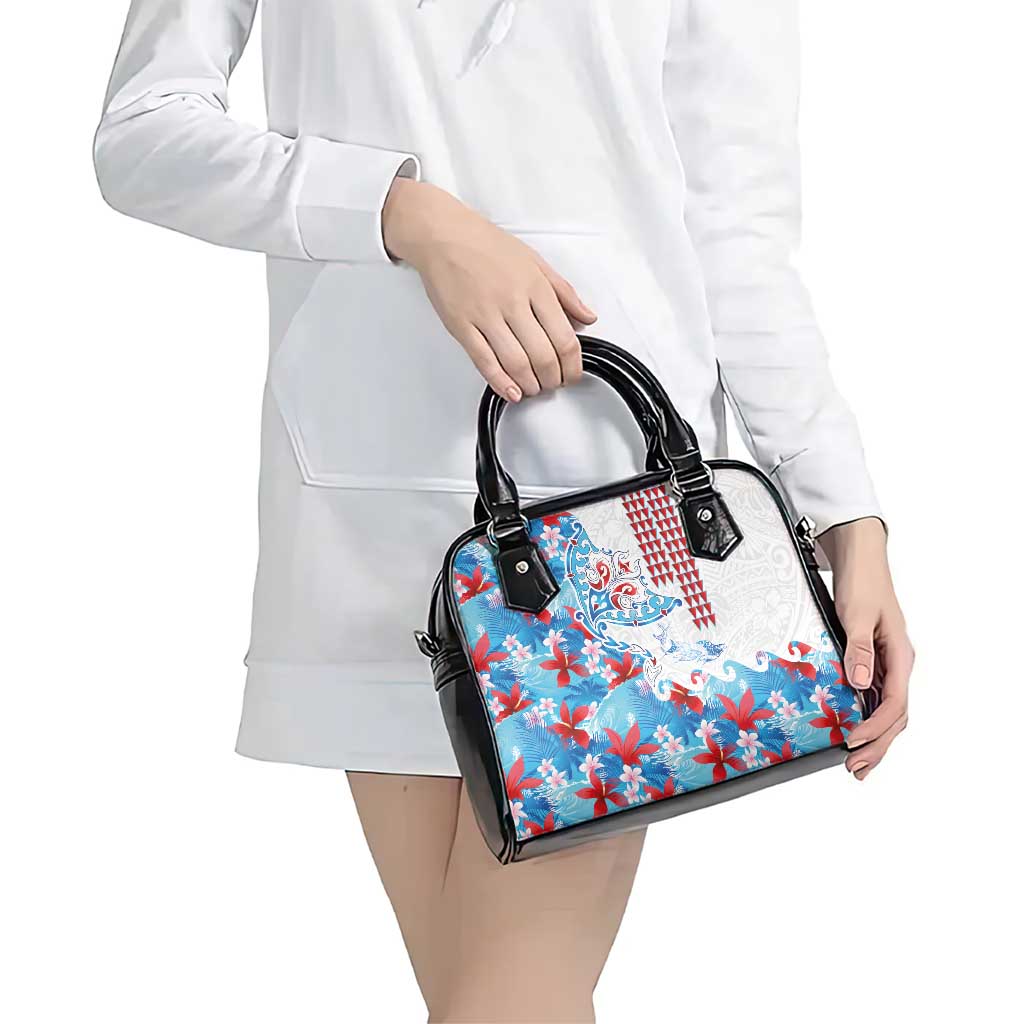 Hawaiian Tribal Manta Ray Shoulder Handbag Kakau Tattoo and Flowers Surfing Waves Pattern Ocean Color LT03 - Polynesian Pride