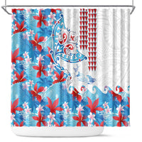 Hawaiian Tribal Manta Ray Shower Curtain Kakau Tattoo and Flowers Surfing Waves Pattern Ocean Color LT03 Multicolor - Polynesian Pride
