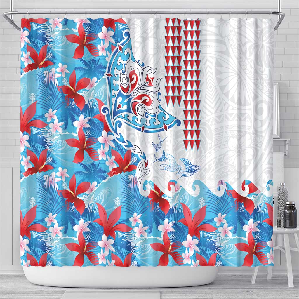 Hawaiian Tribal Manta Ray Shower Curtain Kakau Tattoo and Flowers Surfing Waves Pattern Ocean Color LT03 - Polynesian Pride