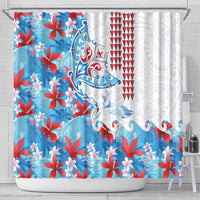Hawaiian Tribal Manta Ray Shower Curtain Kakau Tattoo and Flowers Surfing Waves Pattern Ocean Color LT03 - Polynesian Pride