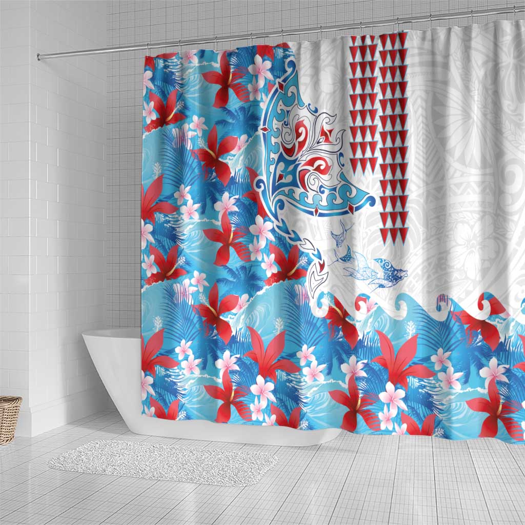 Hawaiian Tribal Manta Ray Shower Curtain Kakau Tattoo and Flowers Surfing Waves Pattern Ocean Color LT03 - Polynesian Pride