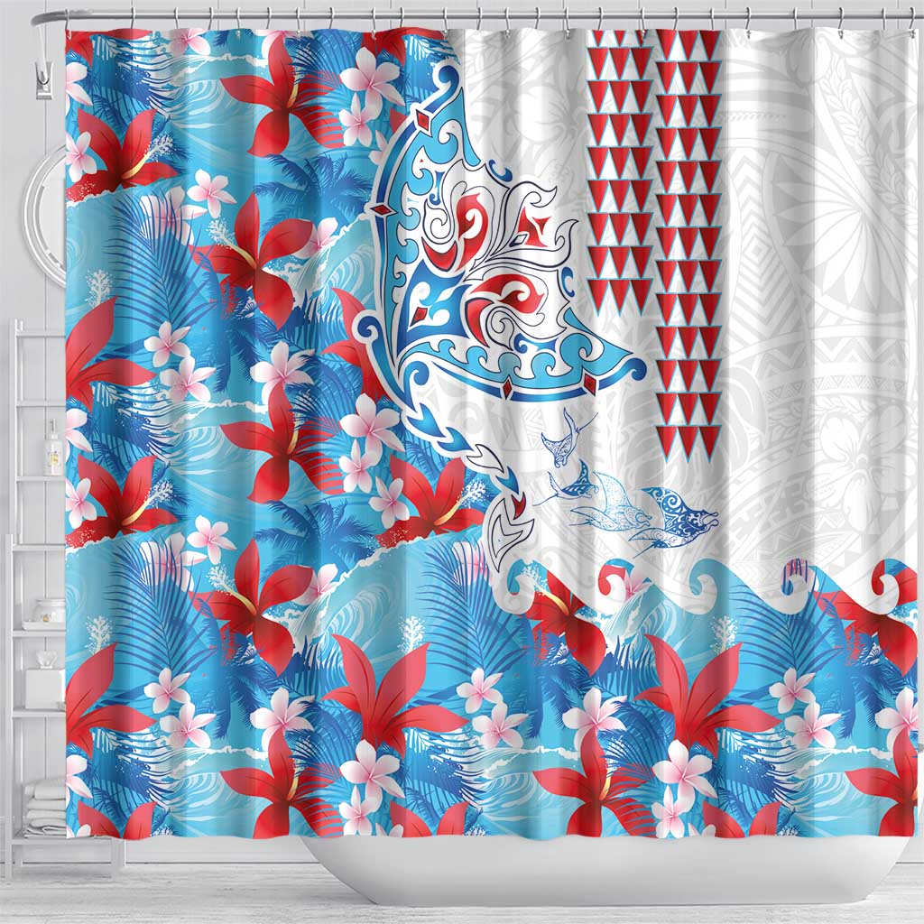 Hawaiian Tribal Manta Ray Shower Curtain Kakau Tattoo and Flowers Surfing Waves Pattern Ocean Color LT03 - Polynesian Pride