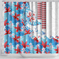 Hawaiian Tribal Manta Ray Shower Curtain Kakau Tattoo and Flowers Surfing Waves Pattern Ocean Color LT03 - Polynesian Pride