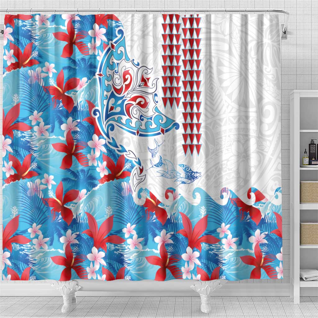 Hawaiian Tribal Manta Ray Shower Curtain Kakau Tattoo and Flowers Surfing Waves Pattern Ocean Color LT03 - Polynesian Pride