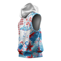 Hawaiian Tribal Manta Ray Sleeveless Hoodie Kakau Tattoo and Flowers Surfing Waves Pattern Ocean Color LT03 - Polynesian Pride