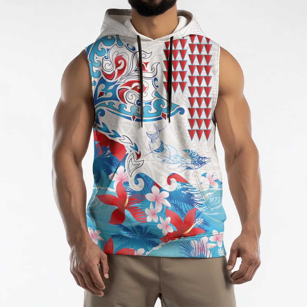 Hawaiian Tribal Manta Ray Sleeveless Hoodie Kakau Tattoo and Flowers Surfing Waves Pattern Ocean Color LT03 - Polynesian Pride
