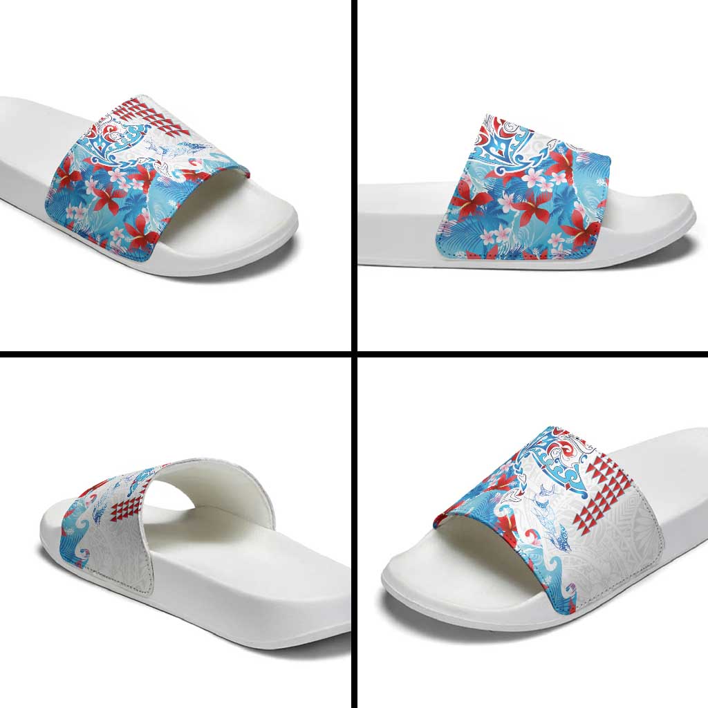 Hawaiian Tribal Manta Ray Slide Sandals Kakau Tattoo and Flowers Surfing Waves Pattern Ocean Color LT03 - Polynesian Pride