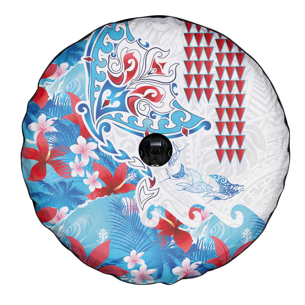 Hawaiian Tribal Manta Ray Spare Tire Cover Kakau Tattoo and Flowers Surfing Waves Pattern Ocean Color LT03 - Polynesian Pride