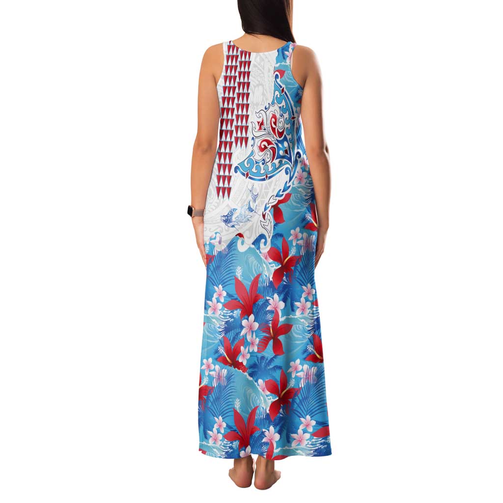 Hawaiian Tribal Manta Ray Tank Maxi Dress Kakau Tattoo and Flowers Surfing Waves Pattern Ocean Color LT03 - Polynesian Pride
