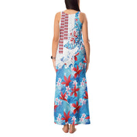 Hawaiian Tribal Manta Ray Tank Maxi Dress Kakau Tattoo and Flowers Surfing Waves Pattern Ocean Color LT03 - Polynesian Pride