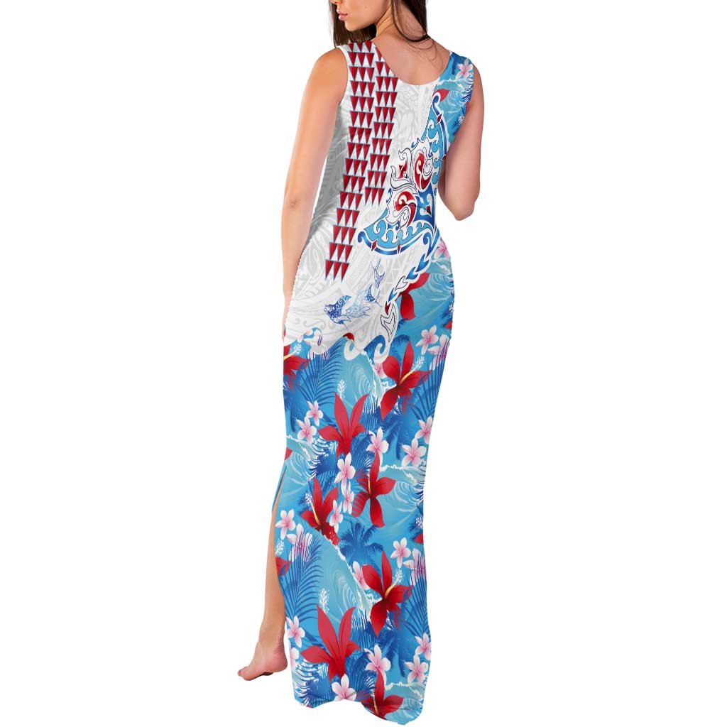 Hawaiian Tribal Manta Ray Tank Maxi Dress Kakau Tattoo and Flowers Surfing Waves Pattern Ocean Color LT03 - Polynesian Pride