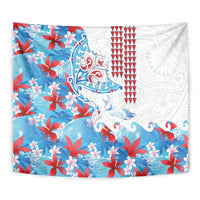 Hawaiian Tribal Manta Ray Tapestry Kakau Tattoo and Flowers Surfing Waves Pattern Ocean Color