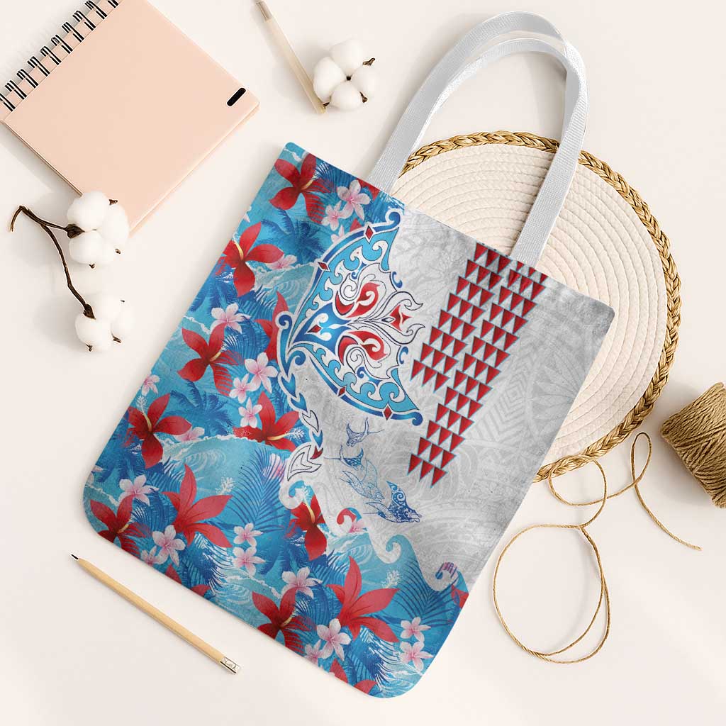Hawaiian Tribal Manta Ray Tote Bag Kakau Tattoo and Flowers Surfing Waves Pattern Ocean Color LT03 White Strap One Size Multicolor - Polynesian Pride