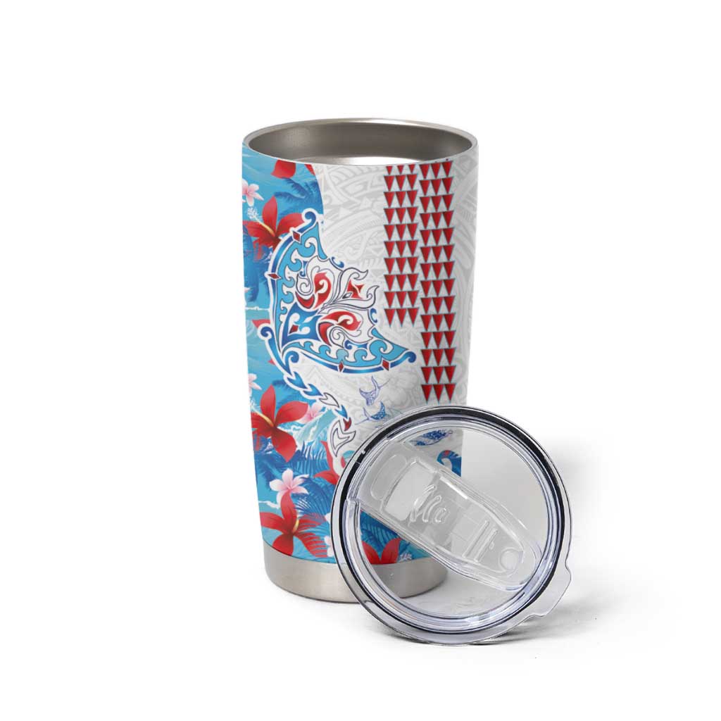 Hawaiian Tribal Manta Ray Tumbler Cup Kakau Tattoo and Flowers Surfing Waves Pattern Ocean Color LT03 - Polynesian Pride