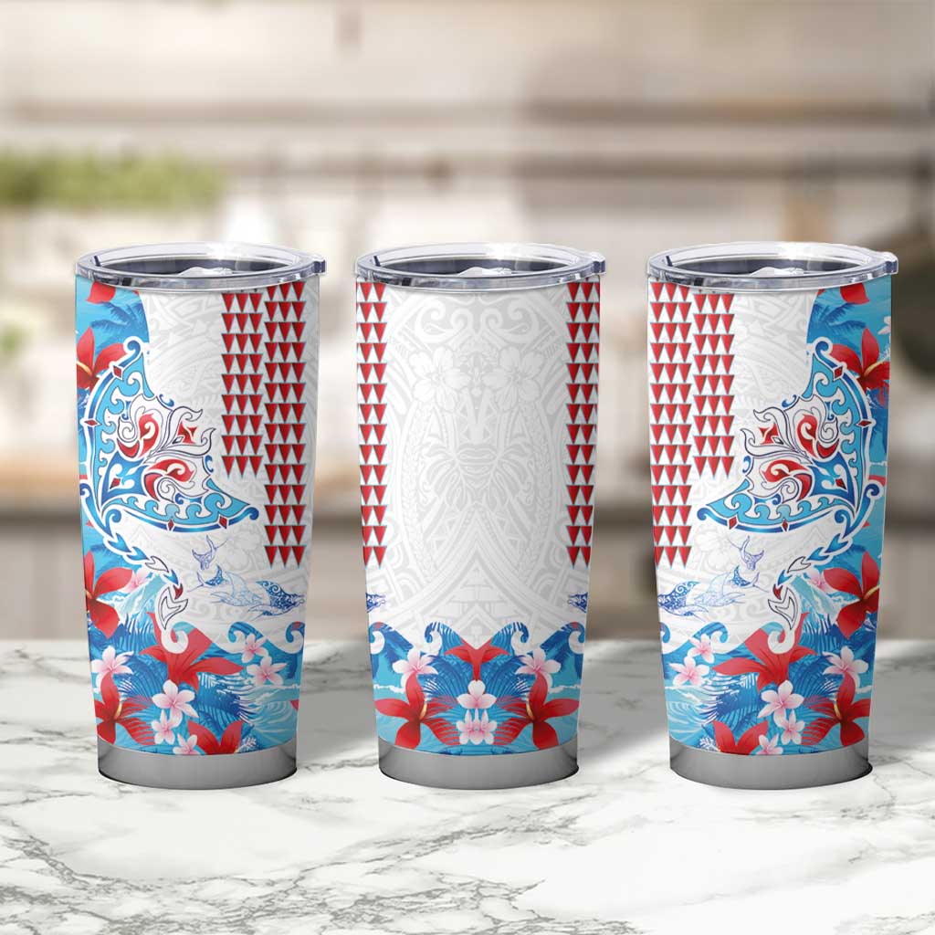Hawaiian Tribal Manta Ray Tumbler Cup Kakau Tattoo and Flowers Surfing Waves Pattern Ocean Color LT03 - Polynesian Pride