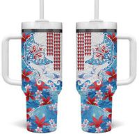 Hawaiian Tribal Manta Ray Tumbler With Handle Kakau Tattoo and Flowers Surfing Waves Pattern Ocean Color LT03 One Size: 40 oz Multicolor - Polynesian Pride