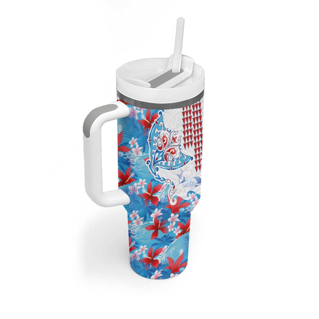 Hawaiian Tribal Manta Ray Tumbler With Handle Kakau Tattoo and Flowers Surfing Waves Pattern Ocean Color LT03 - Polynesian Pride
