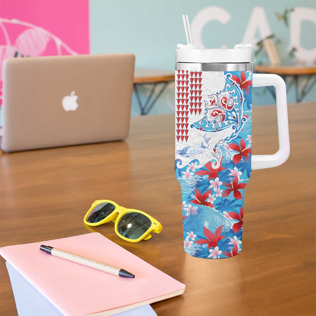 Hawaiian Tribal Manta Ray Tumbler With Handle Kakau Tattoo and Flowers Surfing Waves Pattern Ocean Color LT03 - Polynesian Pride