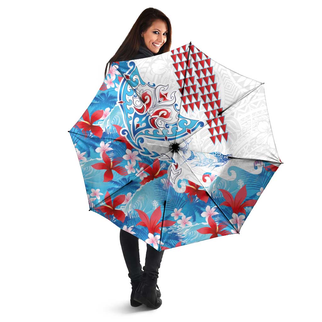 Hawaiian Tribal Manta Ray Umbrella Kakau Tattoo and Flowers Surfing Waves Pattern Ocean Color