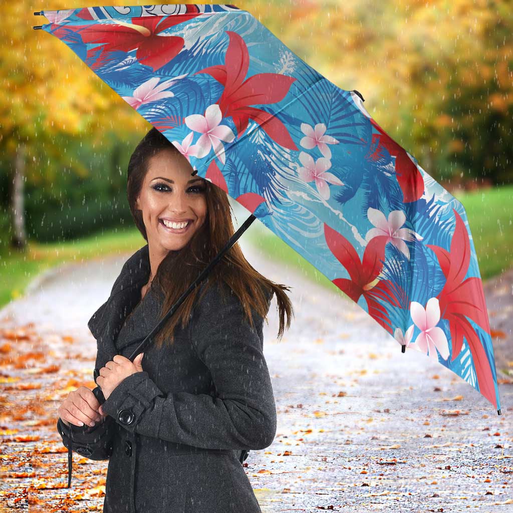 Hawaiian Tribal Manta Ray Umbrella Kakau Tattoo and Flowers Surfing Waves Pattern Ocean Color