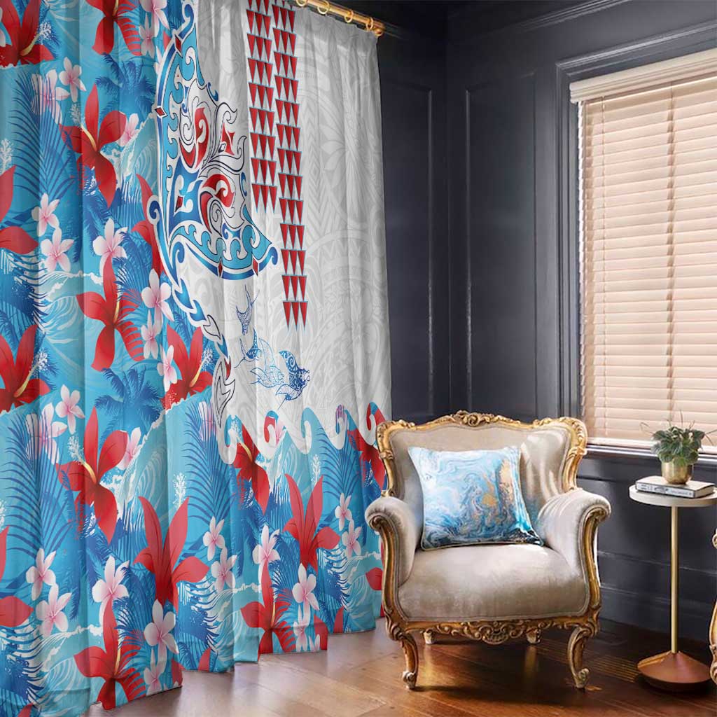 Hawaiian Tribal Manta Ray Window Curtain Kakau Tattoo and Flowers Surfing Waves Pattern Ocean Color