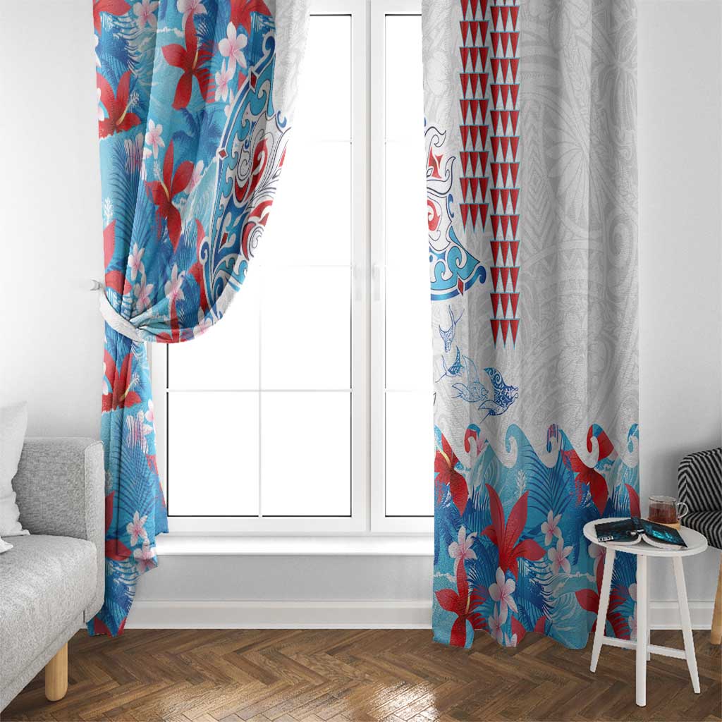 Hawaiian Tribal Manta Ray Window Curtain Kakau Tattoo and Flowers Surfing Waves Pattern Ocean Color