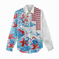 Hawaiian Tribal Manta Ray Women Casual Shirt Kakau Tattoo and Flowers Surfing Waves Pattern Ocean Color LT03 - Polynesian Pride